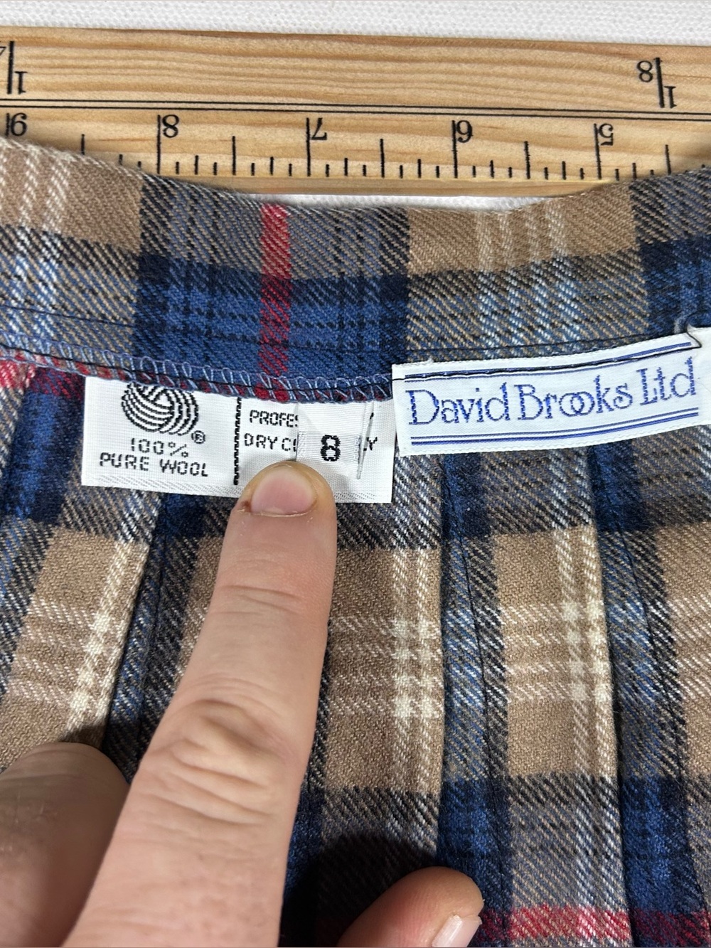 VTG David Brooks Pleated Casual Midi Skirt 8 Blue Beige 100% Wool 70s 80s USA - Picture 4 of 6
